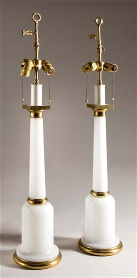 Lot image - Pair of French Gilt-Metal Mounted White Opaline Glass Two-Light Lamps