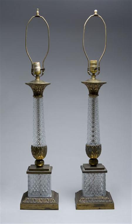 Lot image - Pair of Louis XVI Style Gilt-Metal and Pressed Glass Lamps
