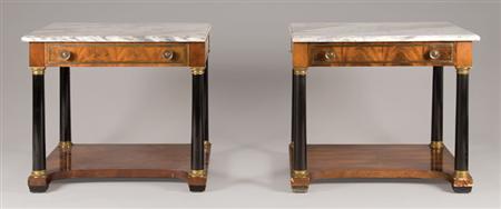 Lot image - Pair of Neoclassical Style Gilt-Metal Mounted Parcel Ebonized Mahogany Side Tables