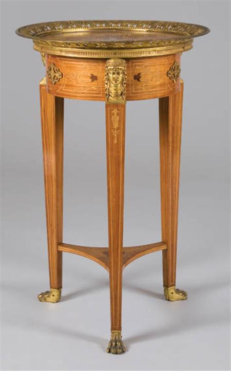 Lot image - Empire Style Gilt-Metal Mounted Marquetry and String Inlaid Walnut Gueridon