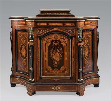 Lot image - American Renaissance Revival Metal Mounted and Gilt Painted Marquetry Inlaid Rosewood and Walnut Side Cabinet