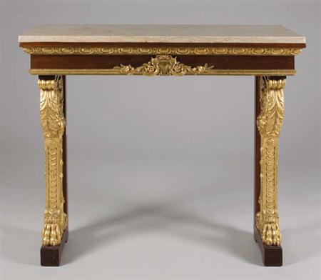 Lot image - Empire Style Parcel Gilt Mahogany and Stained Oak Pier Table