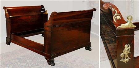 Lot image - Empire Gilt-Metal Mounted Mahogany Sleigh Bed