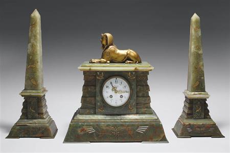 Lot image - Egyptian Revival Gold Painted Bronze and Onyx Clock Garniture
