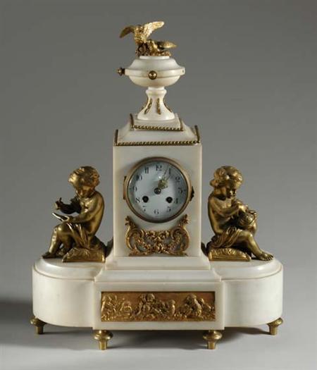 Lot image - Louis XV Style Gilt-Metal Mounted Marble Figural Mantel Clock