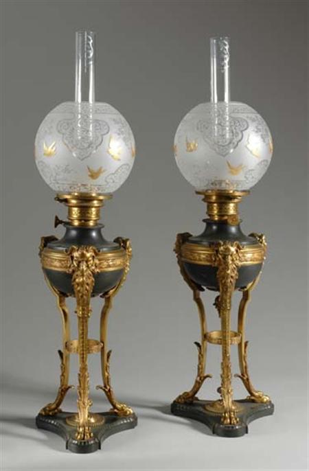 Lot image - Pair of Victorian Style Gilt-Metal, Bronze and Frosted Glass Adjustable Oil Lamps