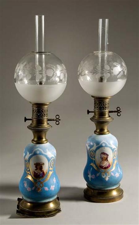 Lot image - Pair of French Brass Mounted and Gilt Decorated Porcelain and Glass Oil Lamps