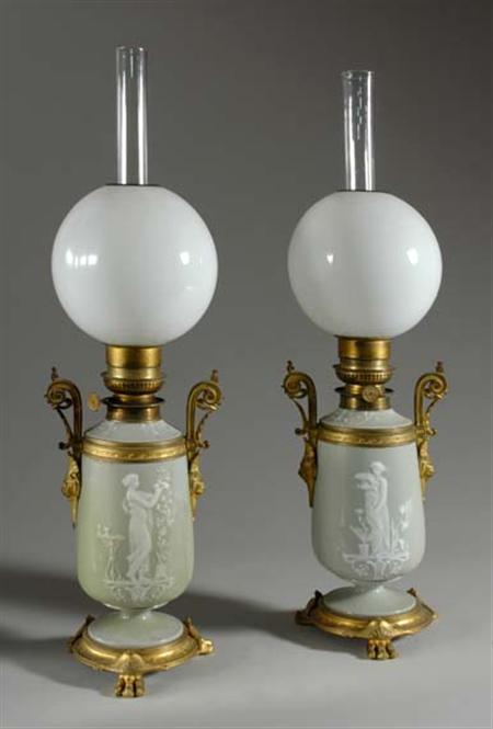 Lot image - Pair of Neoclassical Style Gilt-Bronze Mounted Pate Sur Pate Porcelain and Glass Oil Lamps