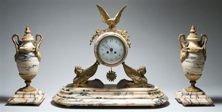 Lot image - Empire Style Gilt-Metal Mounted Marble Clock Garniture