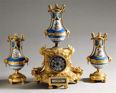 Lot image - Sevres Style Gilt-Metal, Gilt and Polychrome Decorated Clock Garniture