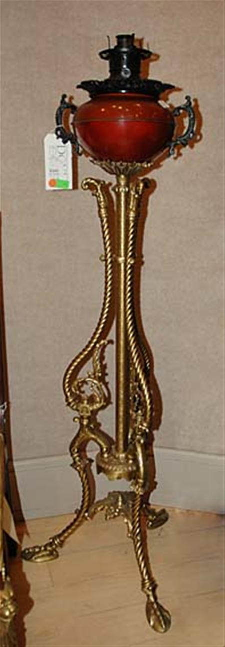 Lot image - Art Brass Tripod Kerosene Floor Lamp