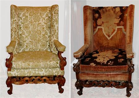 Lot image - Pair of Flemish Baroque Style Carved Fruitwood Wing Chairs