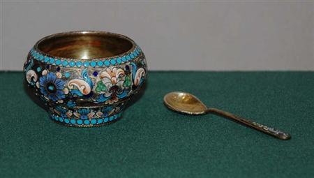 Lot image - Russian Cloisonne Enameled Silver Open Salt Cellar; Together with a Russian Style Cloisonne Enameled Silver Salt Spoon