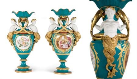 Lot image - Pair of Paris Porcelain Gilt and Polychrome Decorated Vases