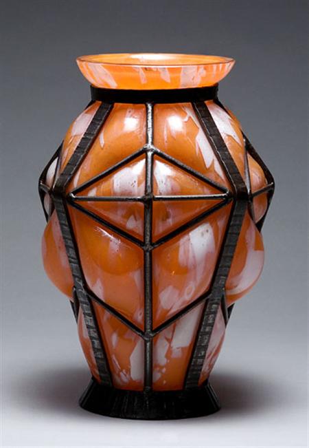 Lot image - French Art Deco Wrought Iron and Glass Blow-Out Vase