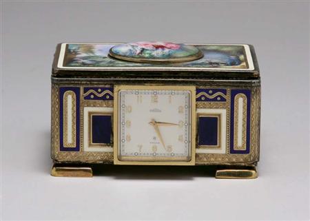 Lot image - German Enameled and Gilt-Metal Singing Bird Box with Clock
