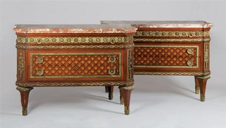 Lot image - Pair of Louis XVI Style Gilt-Metal Mounted Faux Marquetry Inlaid Mahogany Commodes