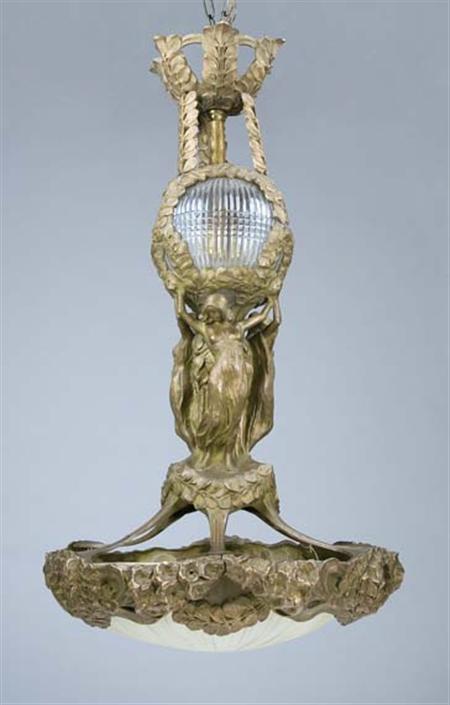 Lot image - Art Nouveau Bronze and Glass Figural Eight-Light Chandelier