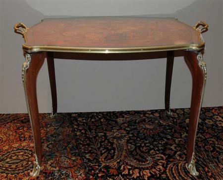 Lot image - Louis XV Style Gilt-Metal Mounted Marquetry Inlaid Walnut and Mahogany Tray Top Table