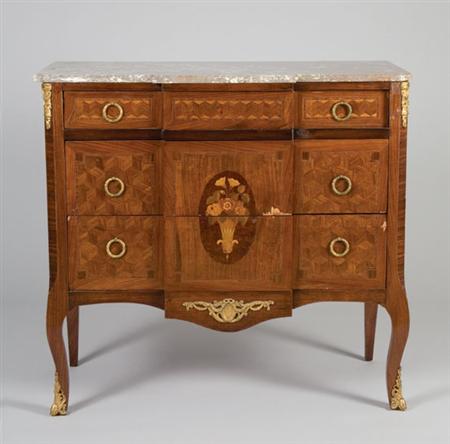 Lot image - Transitional Louis XV/XVI Style Gilt-Metal Mounted Marquetry and Parquetry Inlaid Walnut Commode