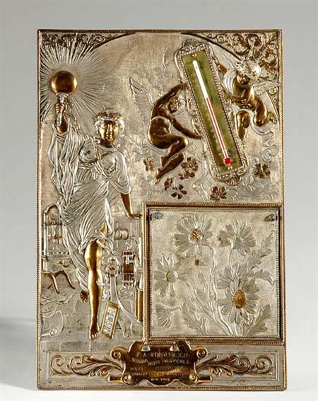 Lot image - Silver and Bronzed-Metal Advertising Panel with a Thermometer