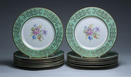 Lot image - Set of Fourteen Ravens Wood Gilt Decorated Porcelain Service Plates