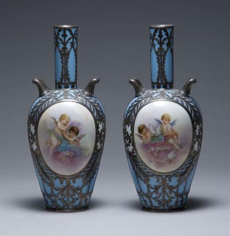 Lot image - Pair of Sevres Porcelain and Silver Overlay Two-Handled Bud Vases