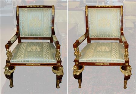 Lot image - Pair of Empire Style Gilt-Metal Mounted Walnut Fauteuils