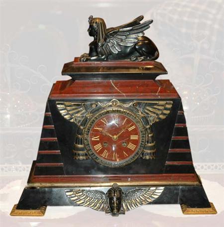 Lot image - Egyptian Revival Style Bronze Mounted Rouge Marble, Slate and Cast Stone Mantel Clock