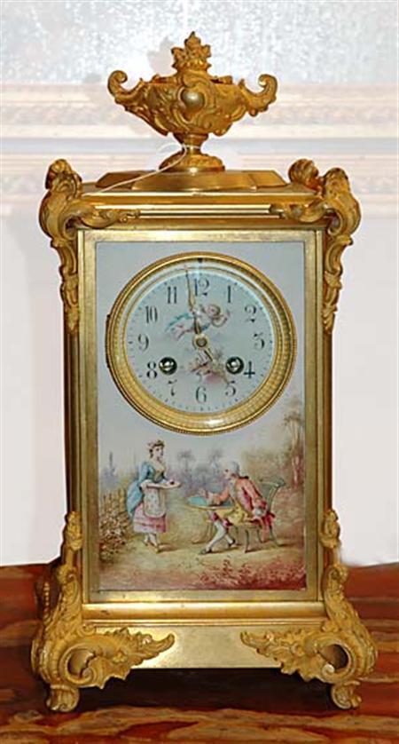 Lot image - Transitional Louis XV/XVI Style Gilt-Metal, Porcelain and Glass Mantel Clock
