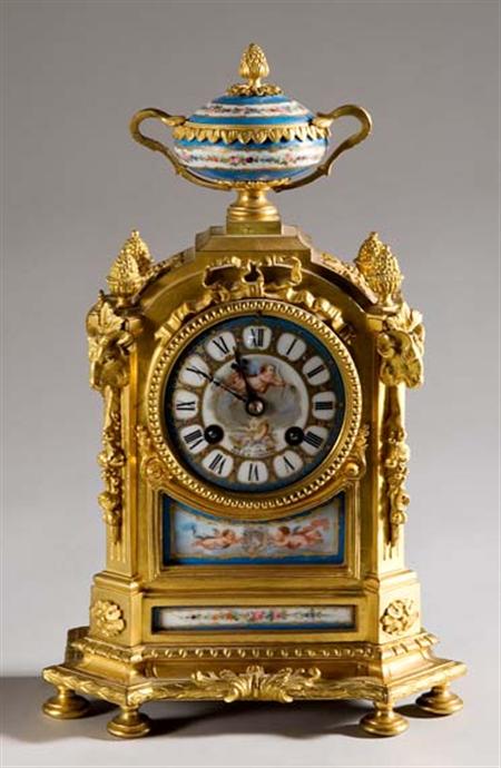 Lot image - Louis XVI Style Porcelain Mounted Gilt-Metal Mantel Clock