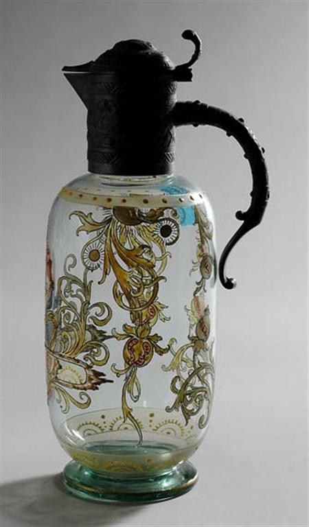 Lot image - Bohemian Style Pewter Mounted and Enameled Glass Ewer