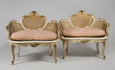 Lot image - Pair of Louis XV Style Gold and Ivory Painted Caned Diminutive Settees