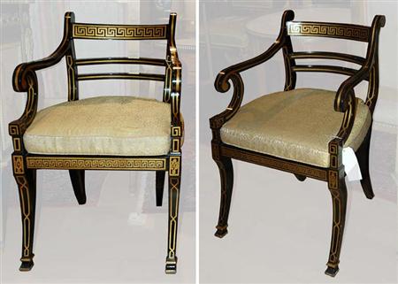 Lot image - Pair of Neoclassical Style Faux Ebonized and Faux Brass Inlaid Caned Armchairs