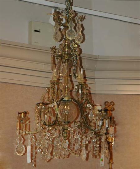 Lot image - Transitional Louis XV/XVI Style Brass and Cut Glass Five-Light Chandelier