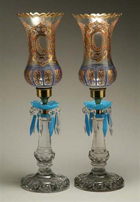 Lot image - Pair of Bohemian Style Gilt and Enameled Glass Lustres
