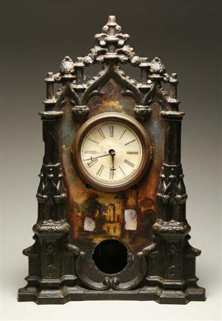 Lot image - Gothic Revival Painted Cast Iron Mantel Clock