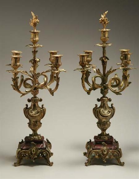 Lot image - Pair of Louis XV Style Gilt-Bronze and Rouge Marble Five-Light Candelabra