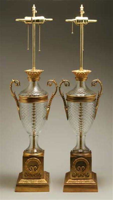 Lot image - Pair of Louis XVI Style Gilt-Metal Mounted Cut Glass Two-Light Lamps