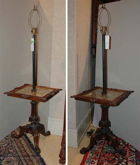 Lot image - Pair of Victorian Mahogany and Painted Metal Tripod Floor Lamps