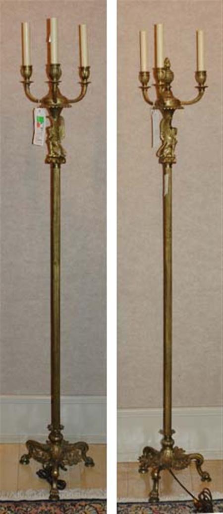 Lot image - Pair of Empire Style Gilt-Bronze Three-Light Floor Lamps