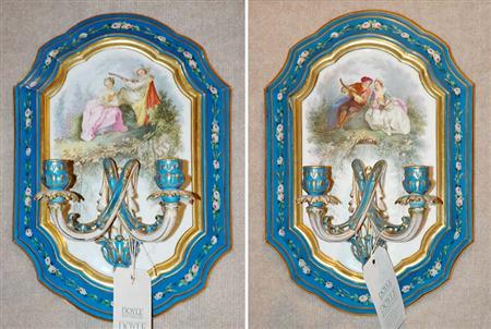Lot image - Pair of Sevres STyle Gilt Decorated Porcelain Two-Light Sconces