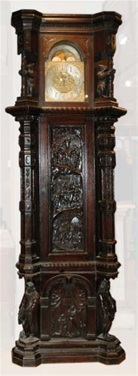 Lot image - Bavarian Black Forest Carved Oak Tall Case Clock