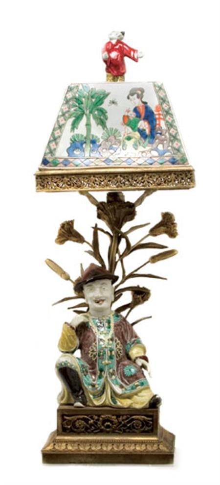 Lot image - Chinese Famille Verte Glazed Porcelain Figural Lamp