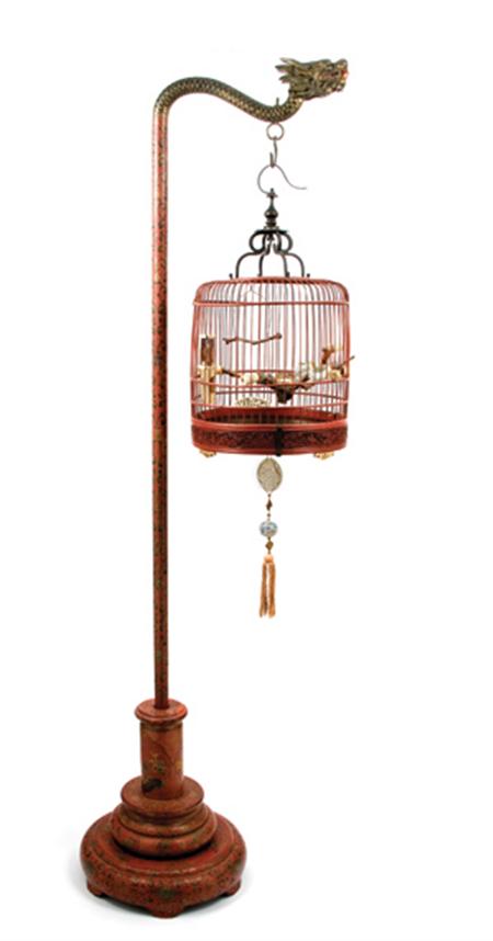 Lot image - Chinese Red and Brown Lacquer Bird Cage and Stand