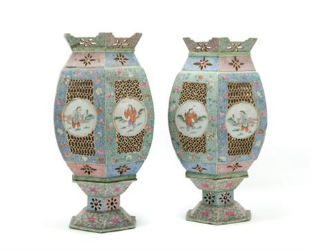 Lot image - Pair of Famille Rose Glazed Porcelain Lanterns
