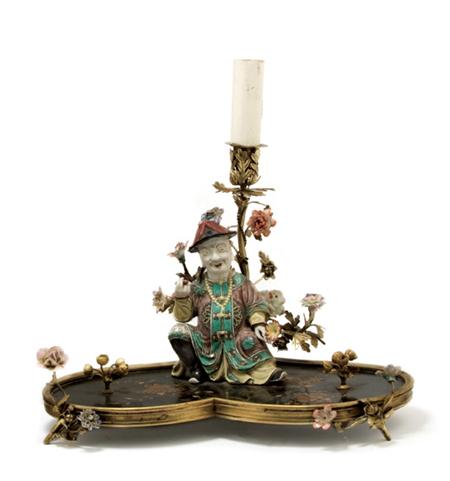 Lot image - Chinese Famille Verte Glazed Porcelain Figural One-Light Candelabrum