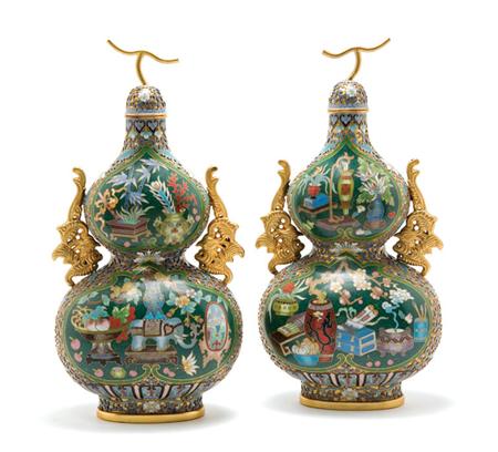 Lot image - Pair of Chinese Cloisonne Covered Censers
