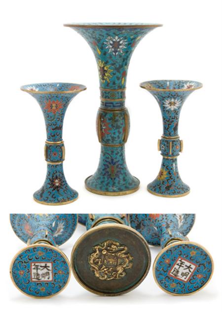 Lot image - Three Chinese Cloisonne Vases