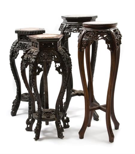 Lot image - Group of Four Chinese Marble Inset Hardwood Plant Stands